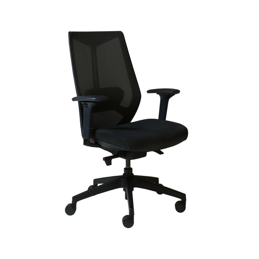 Front view of the ARCO Chair with black mesh back and fabric seat