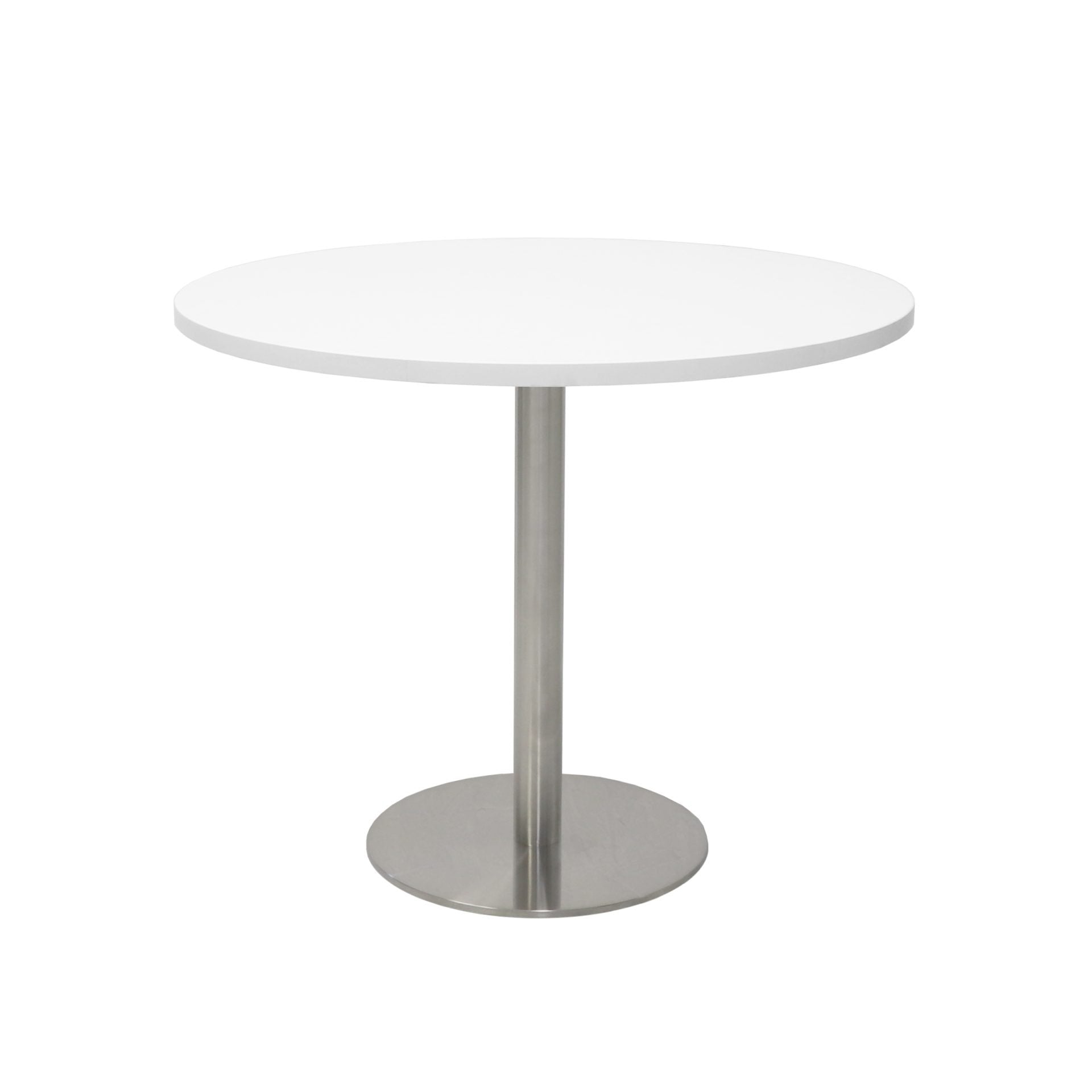 Estilo Round Table with natural white top and stainless steel disc base