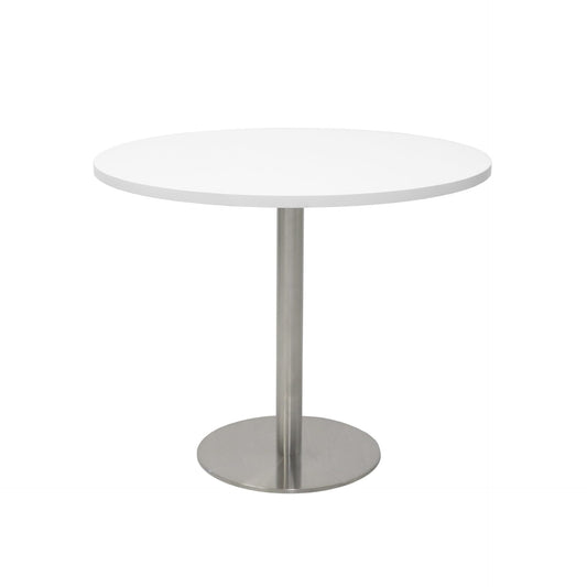 Estilo Round Table with natural white top and stainless steel disc base