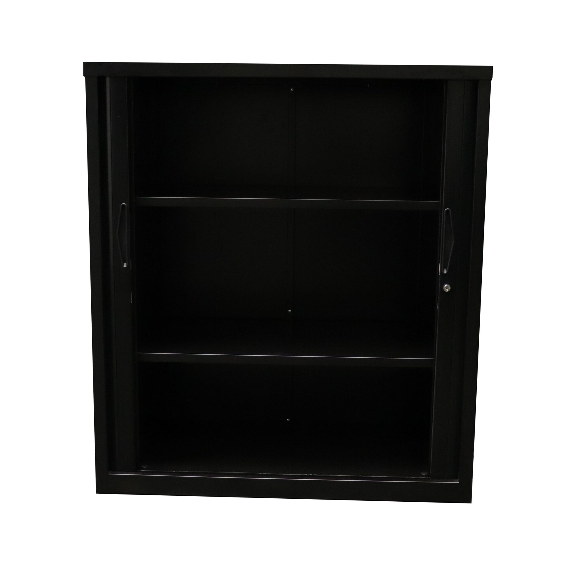 GO Tambour Door Cupboard 900mm W 1016mm H x 900mm W x 474mm D / Black Satin / With Two Adj Shelves primary view for office furniture hire