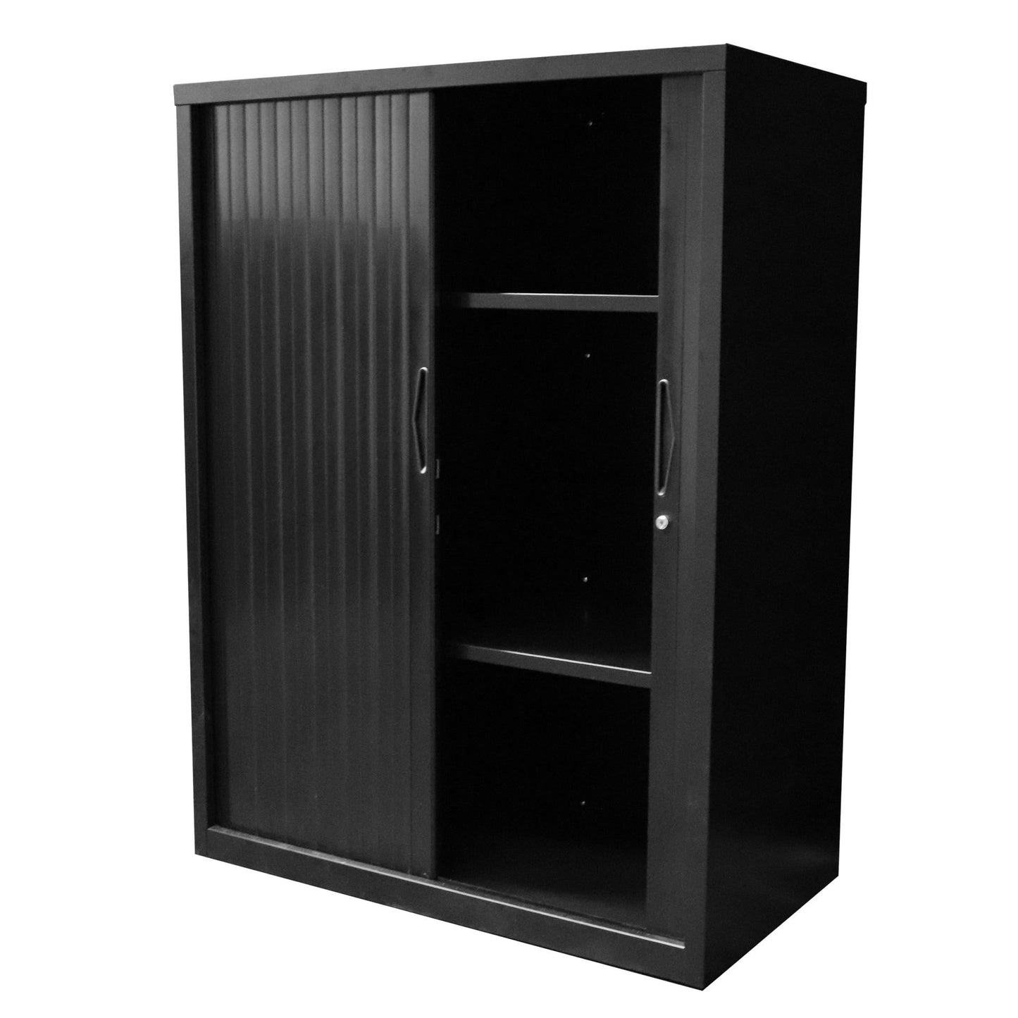 GO Tambour Door Cupboard 900mm W 1200mm H x 900mm W x 474mm D / Black Satin / With Two Adj Shelves product view for office furniture hire