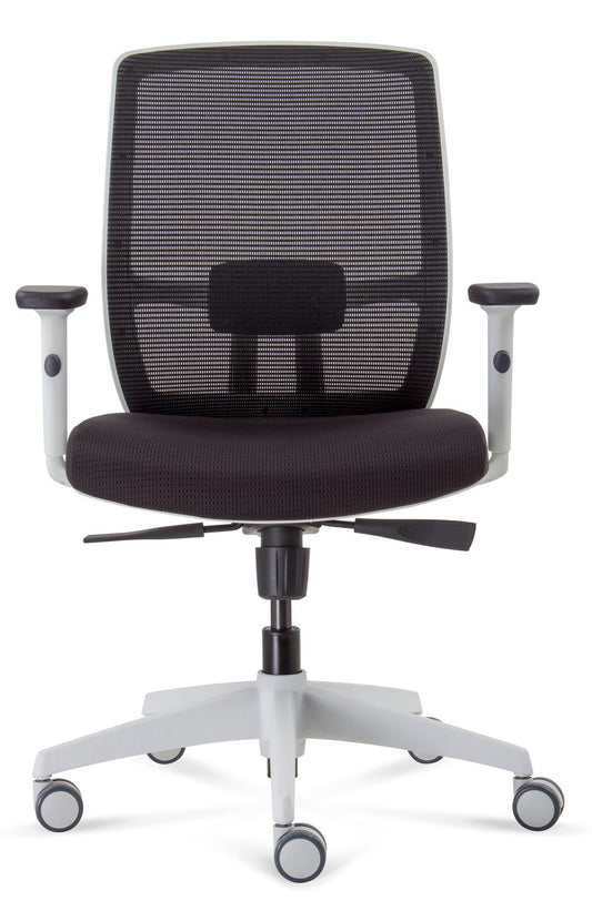 Luminous Promesh operator chair black fabric white frame for office furniture hire