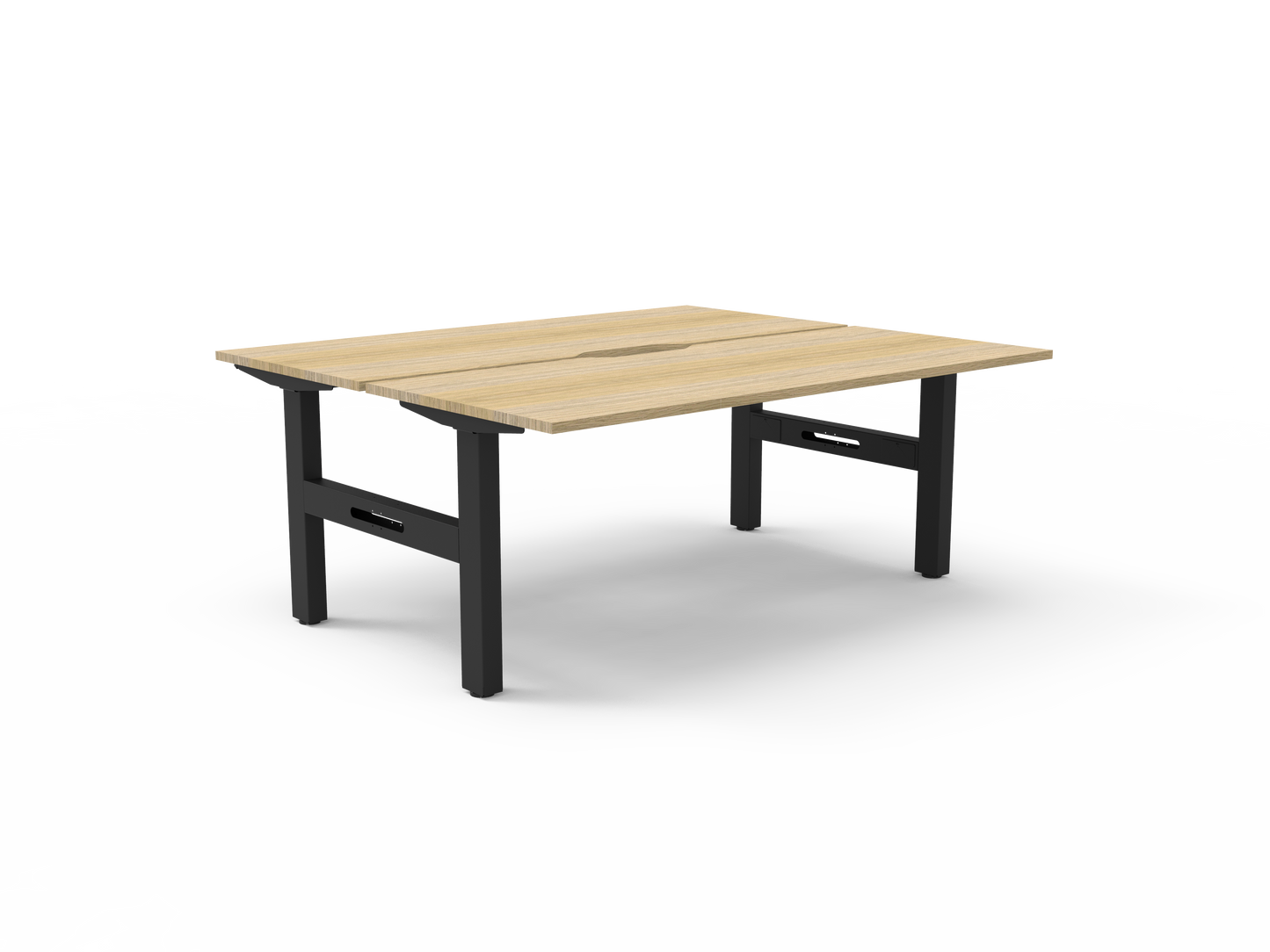 Boost Static Back to Back Workstation Without Cable Tray / Natural Oak Top & Black Satin Frame / N/A / Without Screen / 1500mm W x 750mm D primary view for office furniture hire