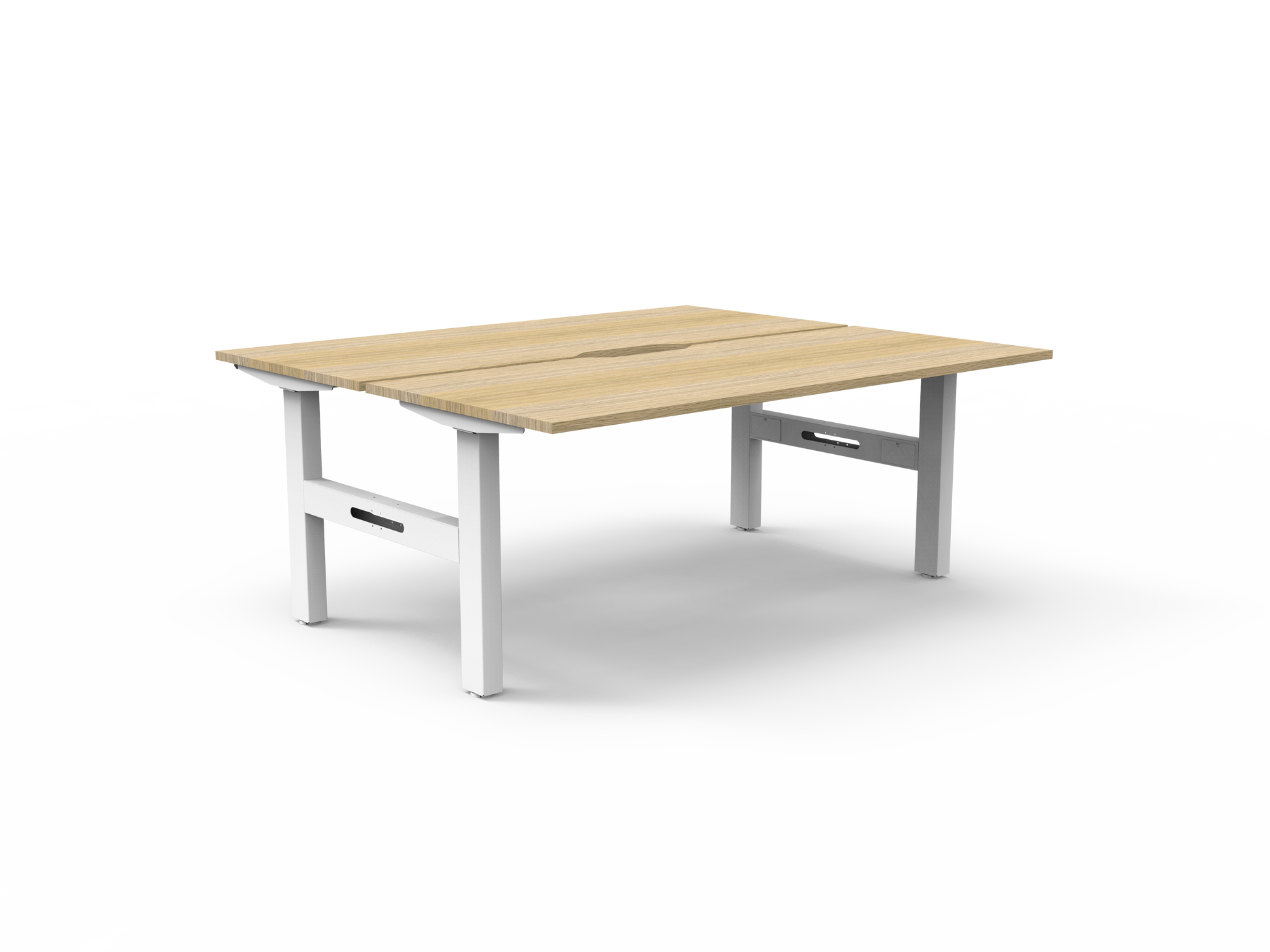 Boost Static Back to Back Workstation Without Cable Tray / Natural Oak Top & White Satin Frame / N/A / Without Screen / 1500mm W x 750mm D product view for office furniture hire