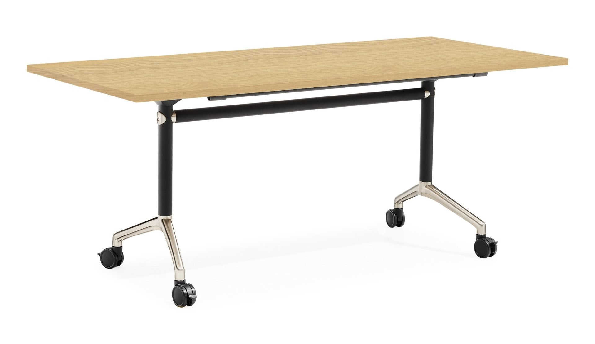 Typhoon Flip Top Table Black P/C + Polished Aluminium / 1800mm W x 750mm D / Natural Oak product view for office furniture hire
