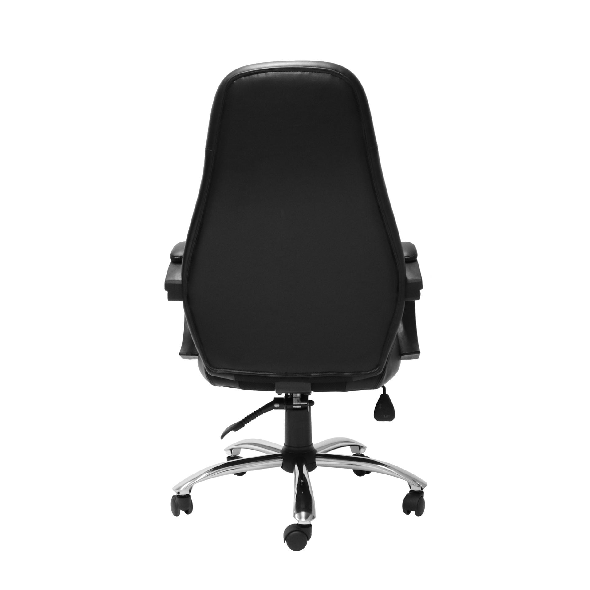 CL410 chair detail showing black upholstery and chrome castor base