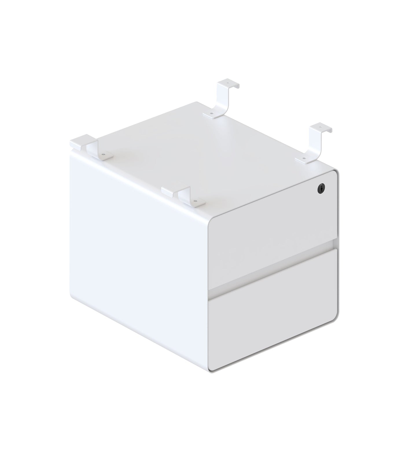 Deluxe Infinity 2 Drawer Hanging Pedestal Hire in white - angled view