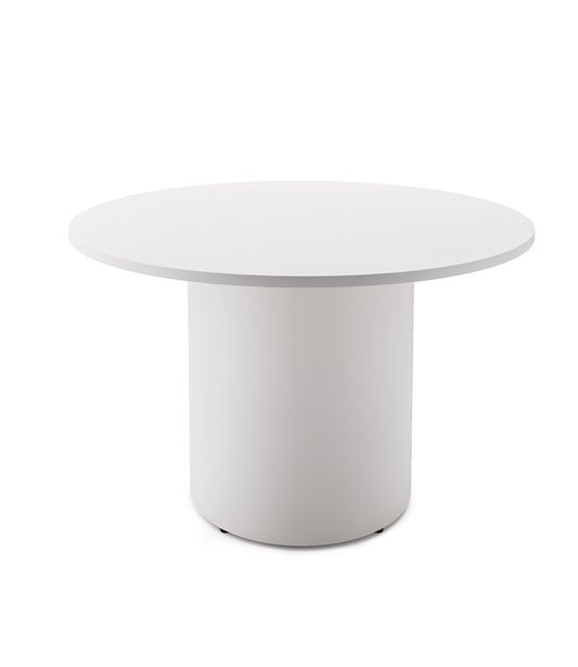 Drum Base Table Hire in white - angled view