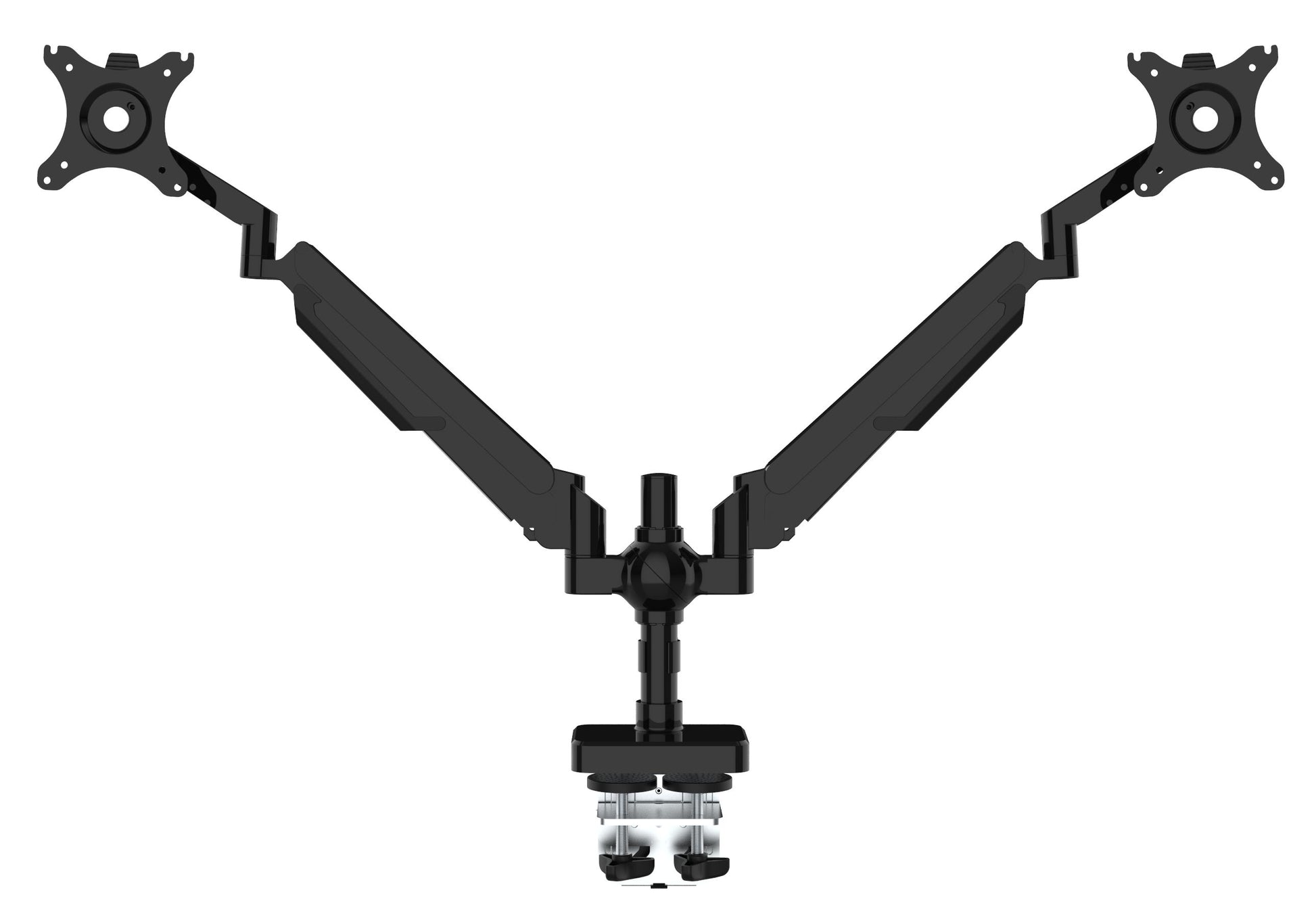 Core Dual Gas Spring Monitor Arm in black shown with two monitor mounts