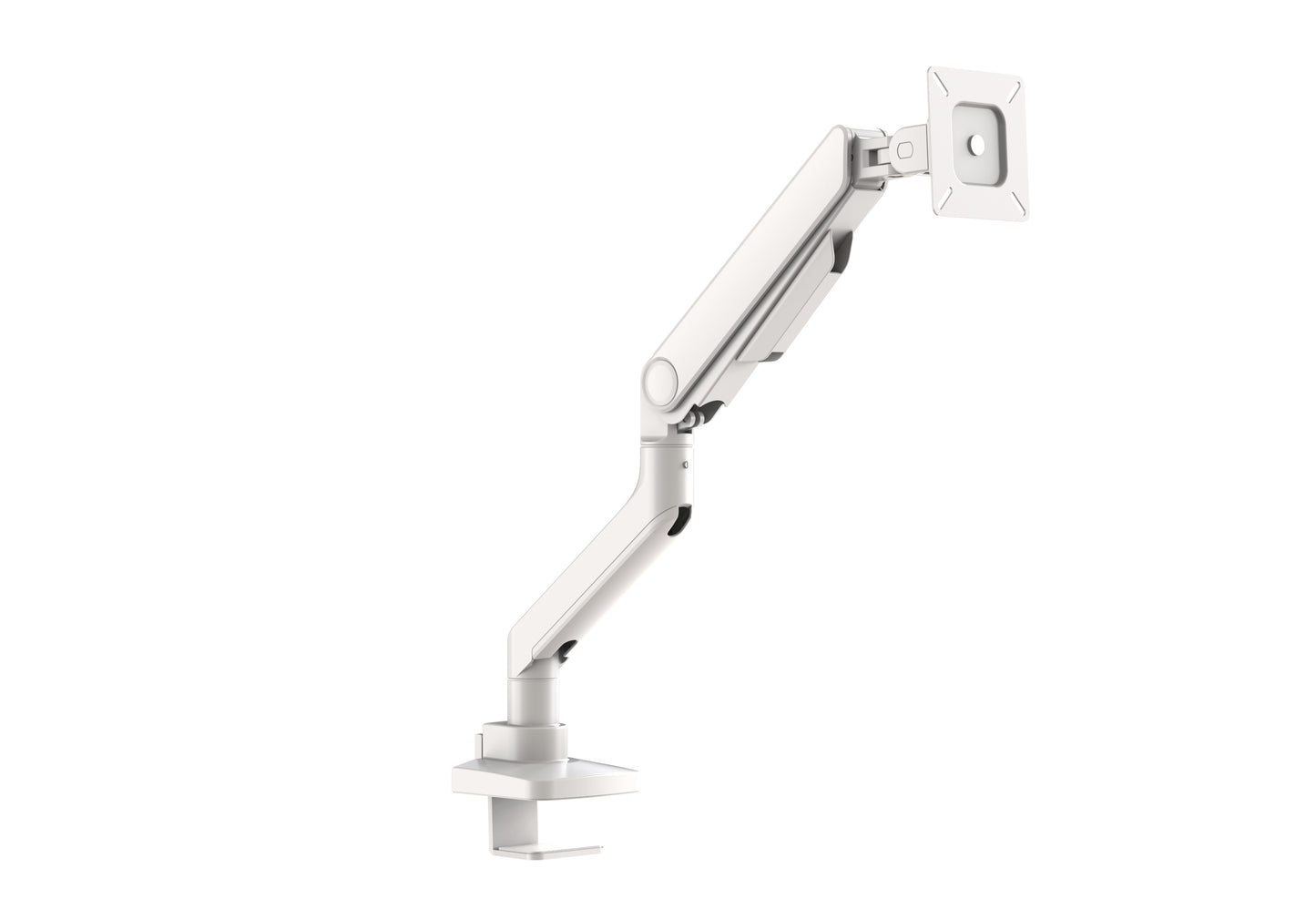 Forge Single Monitor Arm in white showing desk mounting profile
