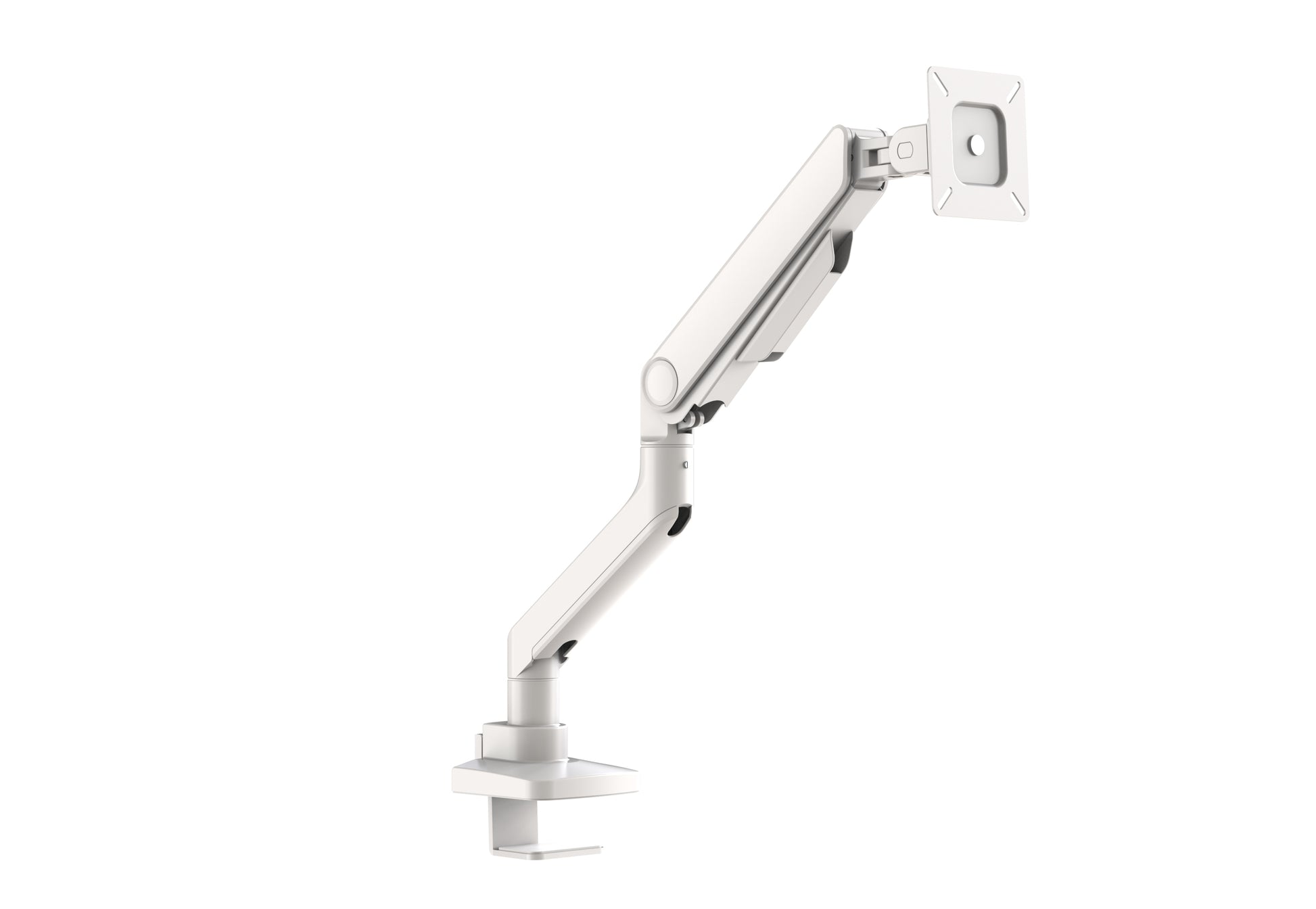 Forge Single Monitor Arm in white showing desk mounting profile