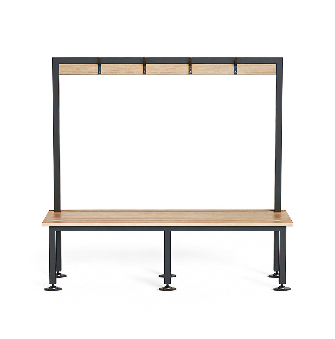 Bench Seat with Overhead Hanging Rail front view with teak slats