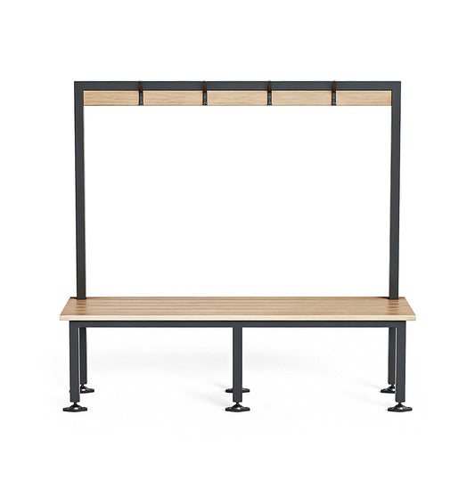 Bench Seat with Overhead Hanging Rail front view with teak slats